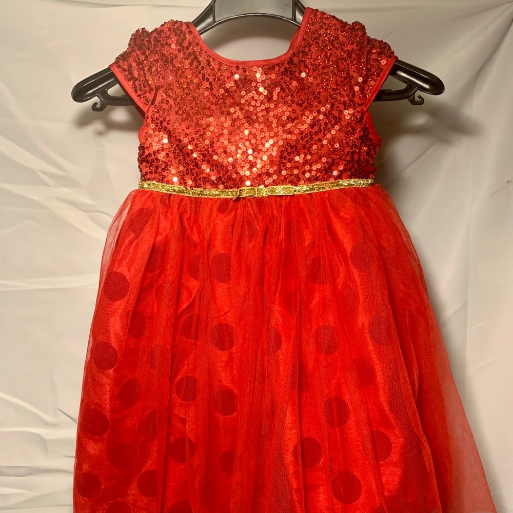 Girls red sequin & tulle dress gold belt